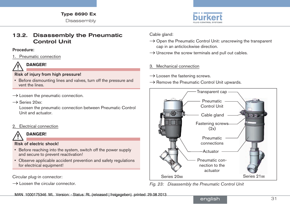 Disassembly the pneumatic control unit | Burkert Type 8690 User Manual | Page 31 / 100