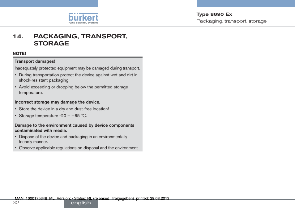 Packaging, transport, storage | Burkert Type 8690 User Manual | Page 32 / 100