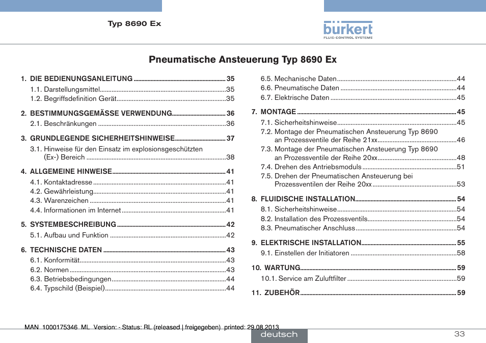 Deutsch, Pneumatische ansteuerung typ 8690 ex | Burkert Type 8690 User Manual | Page 33 / 100