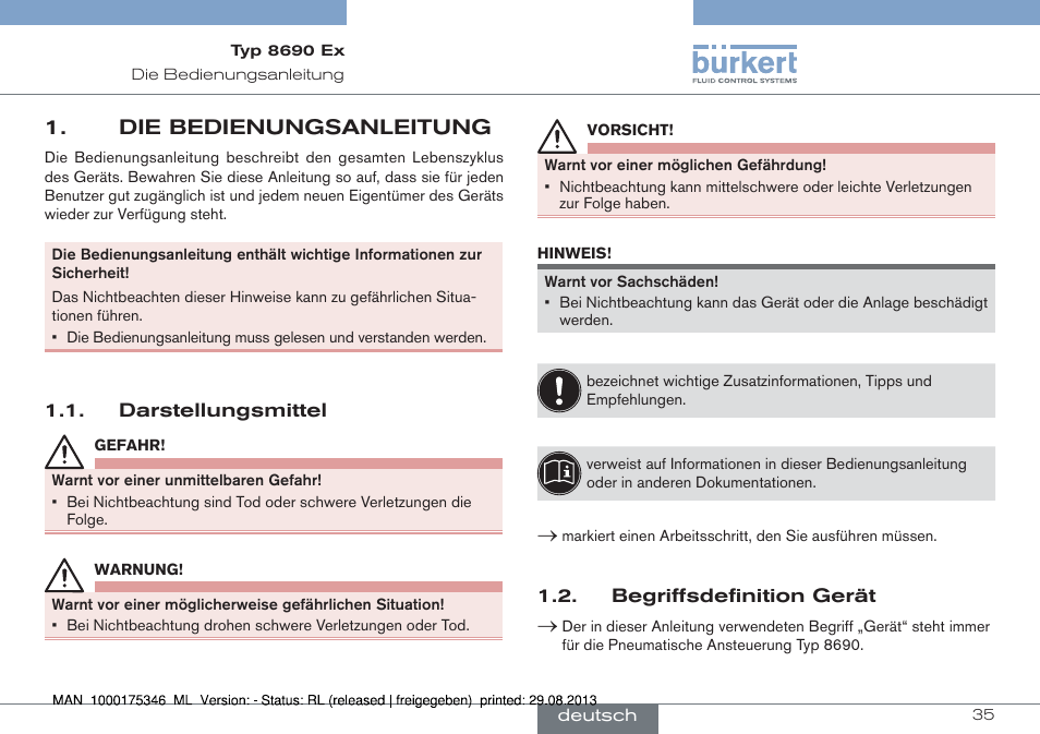 Die bedienungsanleitung, Darstellungsmittel 1.2. begriffsdefinition gerät | Burkert Type 8690 User Manual | Page 35 / 100