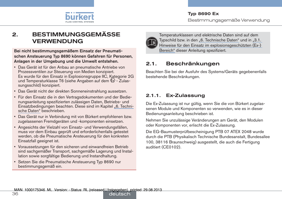Bestimmungsgemässe verwendung, Beschränkungen | Burkert Type 8690 User Manual | Page 36 / 100