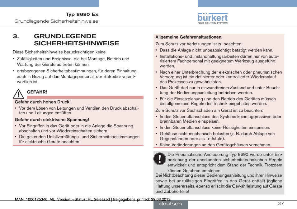 Grundlegende sicherheitshinweise | Burkert Type 8690 User Manual | Page 37 / 100