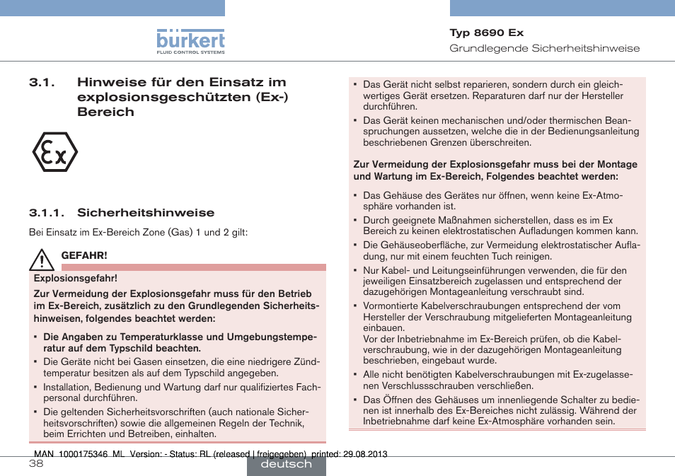 Hinweise für den einsatz im explosionsgeschützten, Ex-) bereich | Burkert Type 8690 User Manual | Page 38 / 100