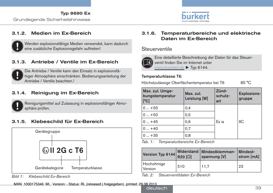 Ii 2g c t6, Steuerventile | Burkert Type 8690 User Manual | Page 39 / 100