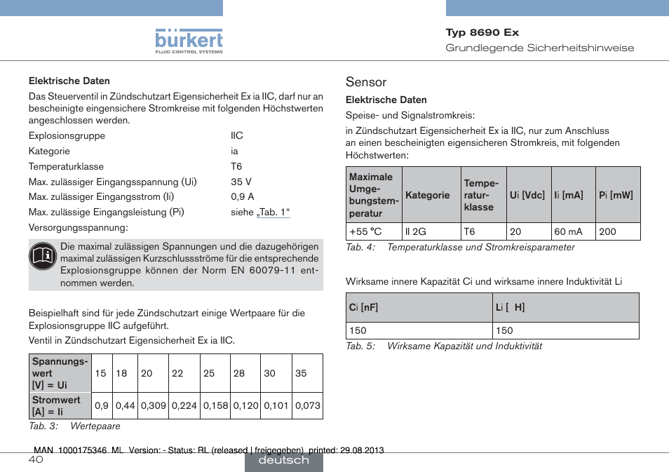 Sensor | Burkert Type 8690 User Manual | Page 40 / 100