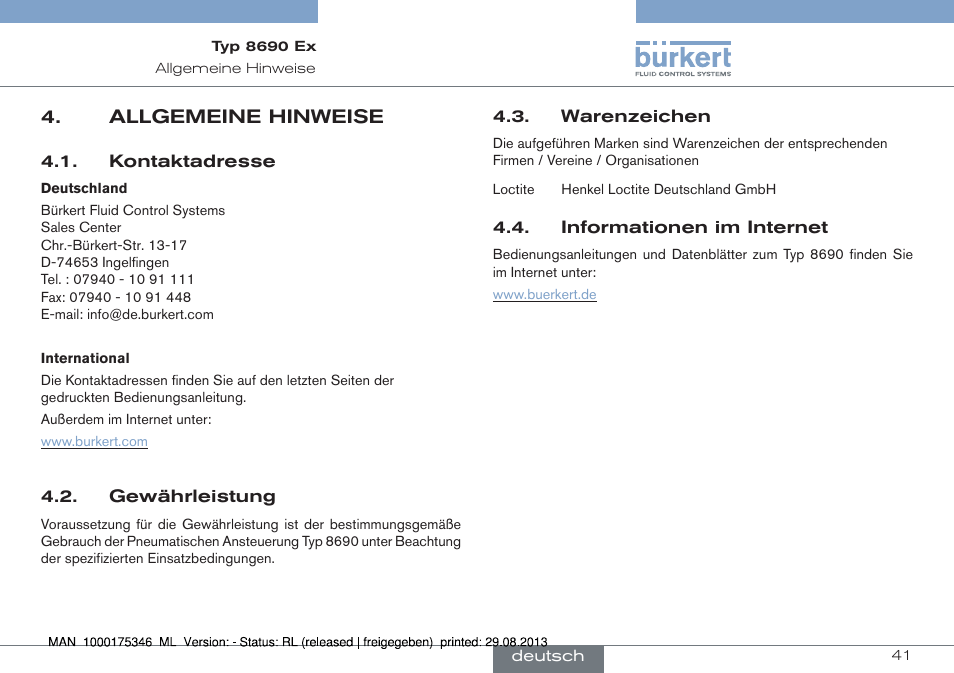 Allgemeine hinweise | Burkert Type 8690 User Manual | Page 41 / 100