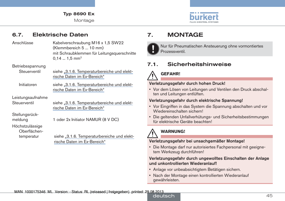 Elektrische daten, Montage, Sicherheitshinweise | Burkert Type 8690 User Manual | Page 45 / 100