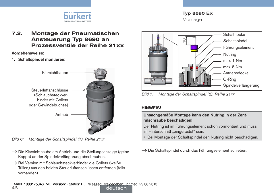 Montage der pneumatischen ansteuerung typ 8690, An prozessventile der reihe 21xx | Burkert Type 8690 User Manual | Page 46 / 100