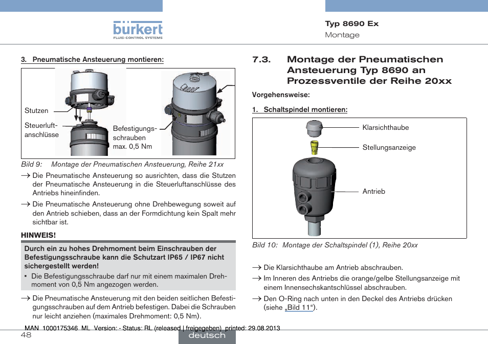 Montage der pneumatischen ansteuerung typ 8690, An prozessventile der reihe 20xx | Burkert Type 8690 User Manual | Page 48 / 100