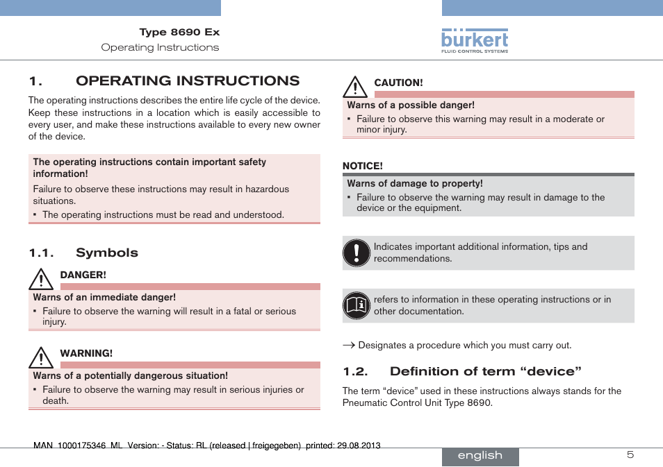 Operating instructions, Symbols 1.2. definition of term “device | Burkert Type 8690 User Manual | Page 5 / 100