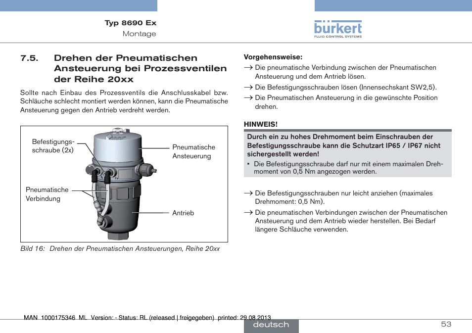 Drehen der pneumatischen ansteuerung bei, Prozessventilen der reihe 20xx | Burkert Type 8690 User Manual | Page 53 / 100