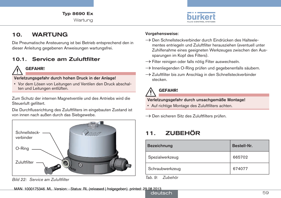 Wartung, Service am zuluftfilter, Zubehör | Burkert Type 8690 User Manual | Page 59 / 100