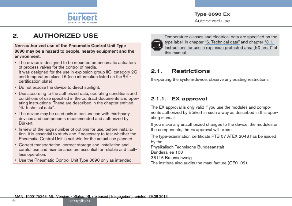 Authorized use, Restrictions | Burkert Type 8690 User Manual | Page 6 / 100