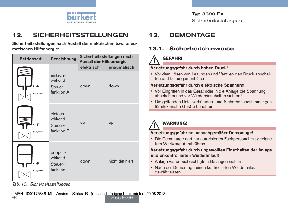 Sicherheitsstellungen, Demontage, Sicherheitshinweise | Burkert Type 8690 User Manual | Page 60 / 100