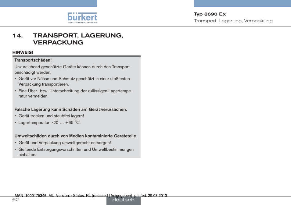 Transport, lagerung, verpackung | Burkert Type 8690 User Manual | Page 62 / 100