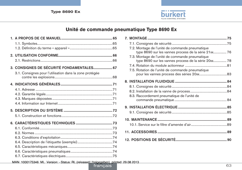 Français, Unité de commande pneumatique type 8690 ex | Burkert Type 8690 User Manual | Page 63 / 100