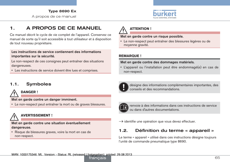 A propos de ce manuel, Symboles 1.2. définition du terme « appareil | Burkert Type 8690 User Manual | Page 65 / 100
