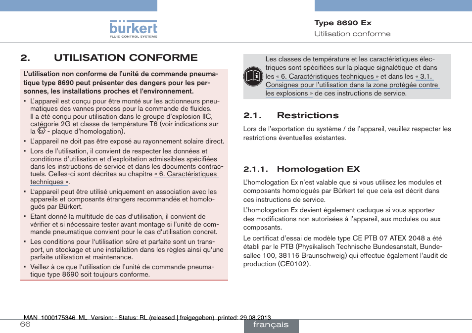 Utilisation conforme, Restrictions | Burkert Type 8690 User Manual | Page 66 / 100