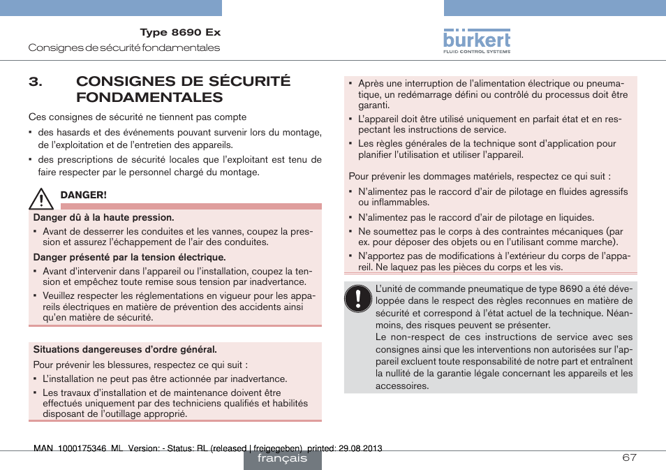 Consignes de sécurité fondamentales | Burkert Type 8690 User Manual | Page 67 / 100