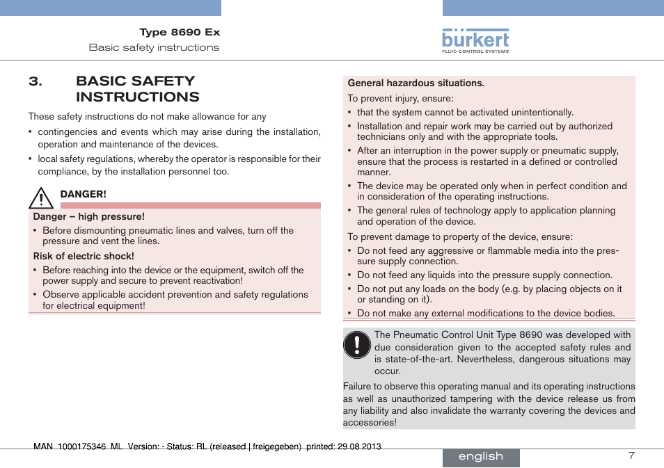 Basic safety instructions | Burkert Type 8690 User Manual | Page 7 / 100