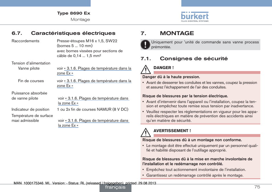 Caractéristiques électriques, Montage, Consignes de sécurité | Burkert Type 8690 User Manual | Page 75 / 100