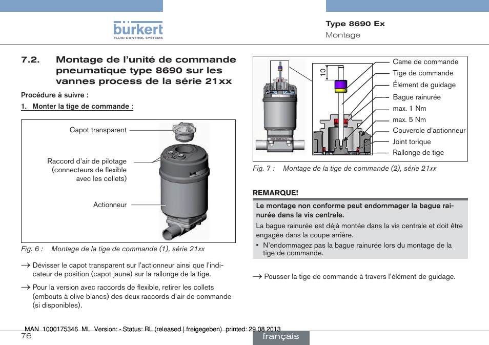 Montage de l’unité de commande pneumatique, Type 8690 sur les vannes process de la série 21xx | Burkert Type 8690 User Manual | Page 76 / 100