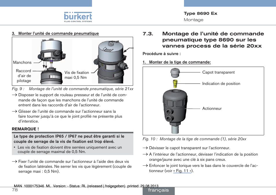 Montage de l’unité de commande pneumatique, Type 8690 sur les vannes process de la série 20xx | Burkert Type 8690 User Manual | Page 78 / 100