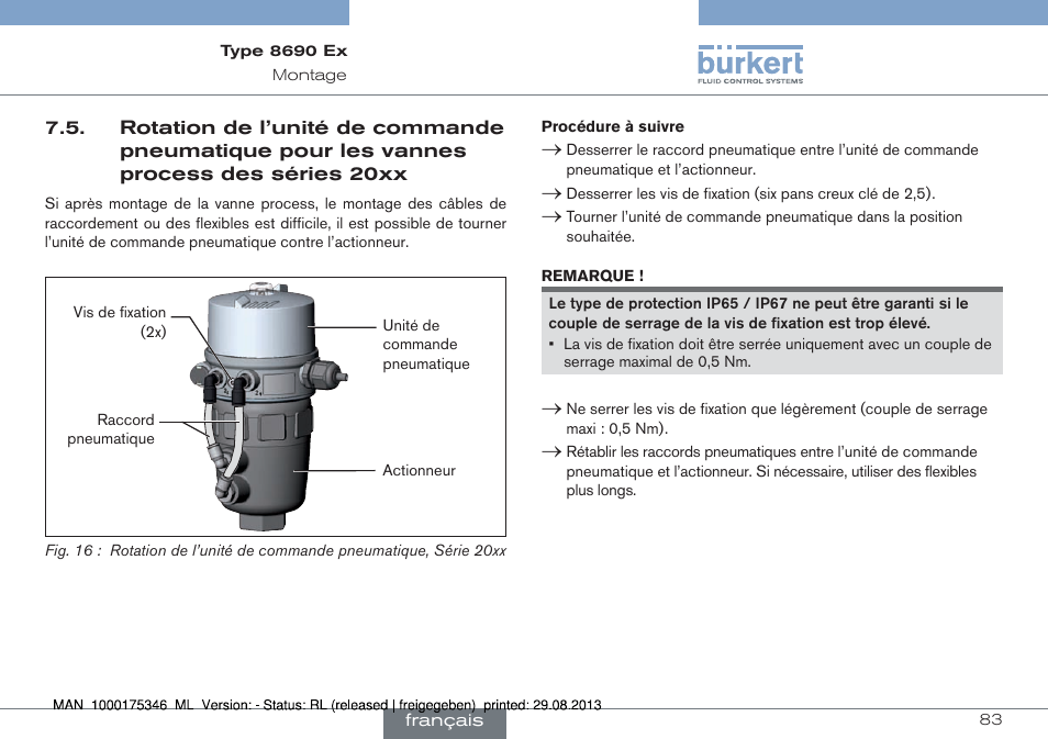 Rotation de l’unité de commande pneumatique, Pour les vannes process des séries 20xx | Burkert Type 8690 User Manual | Page 83 / 100