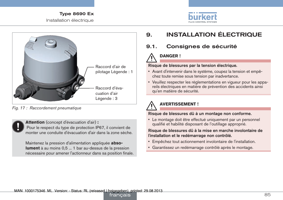 Installation électrique, Consignes de sécurité | Burkert Type 8690 User Manual | Page 85 / 100