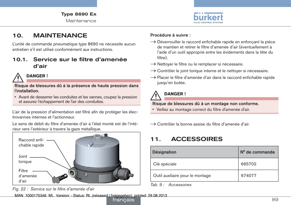 Maintenance, Service sur le filtre d’amenée d’air, Accessoires | Burkert Type 8690 User Manual | Page 89 / 100