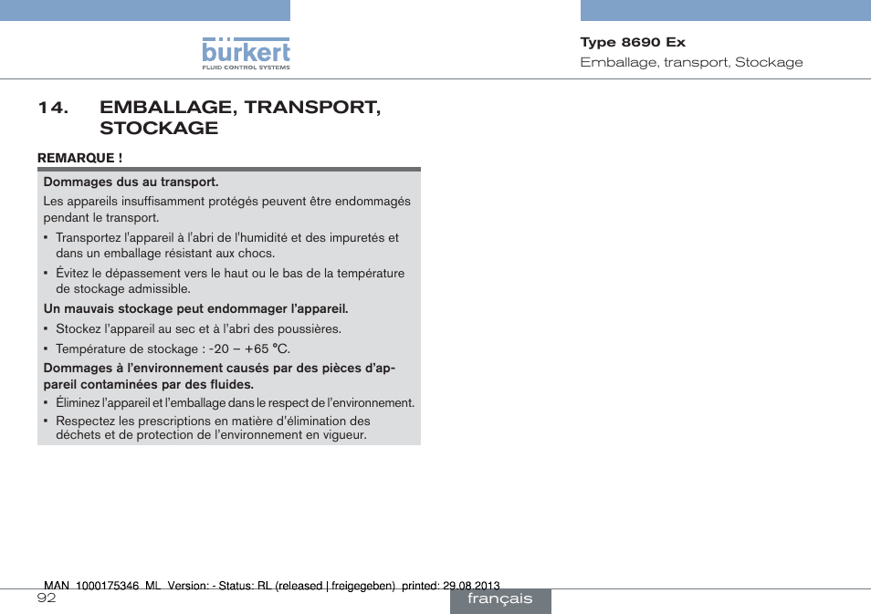 Emballage, transport, stockage | Burkert Type 8690 User Manual | Page 92 / 100