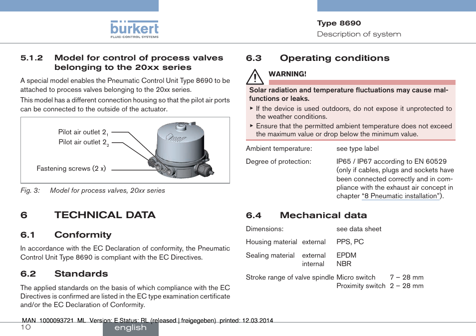 6 technical data, 6technical data | Burkert Type 8690 User Manual | Page 10 / 88