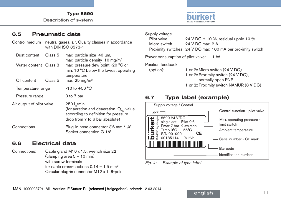 5 pneumatic data, 6 electrical data, 7 type label (example) | Burkert Type 8690 User Manual | Page 11 / 88