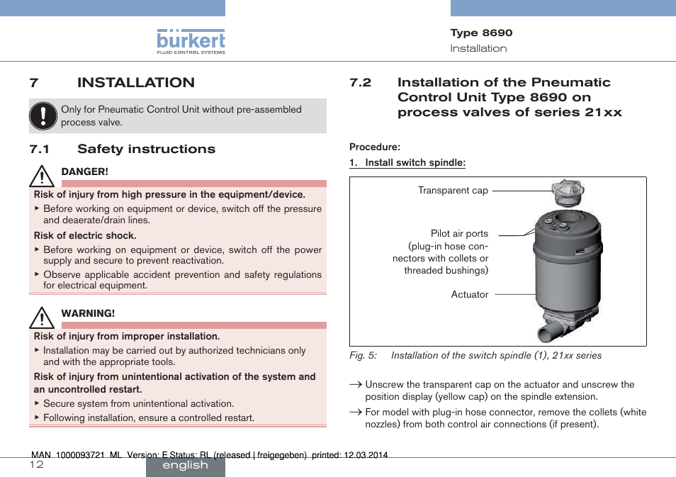 7 installation, On process valves of series 21xx, 7installation | Burkert Type 8690 User Manual | Page 12 / 88