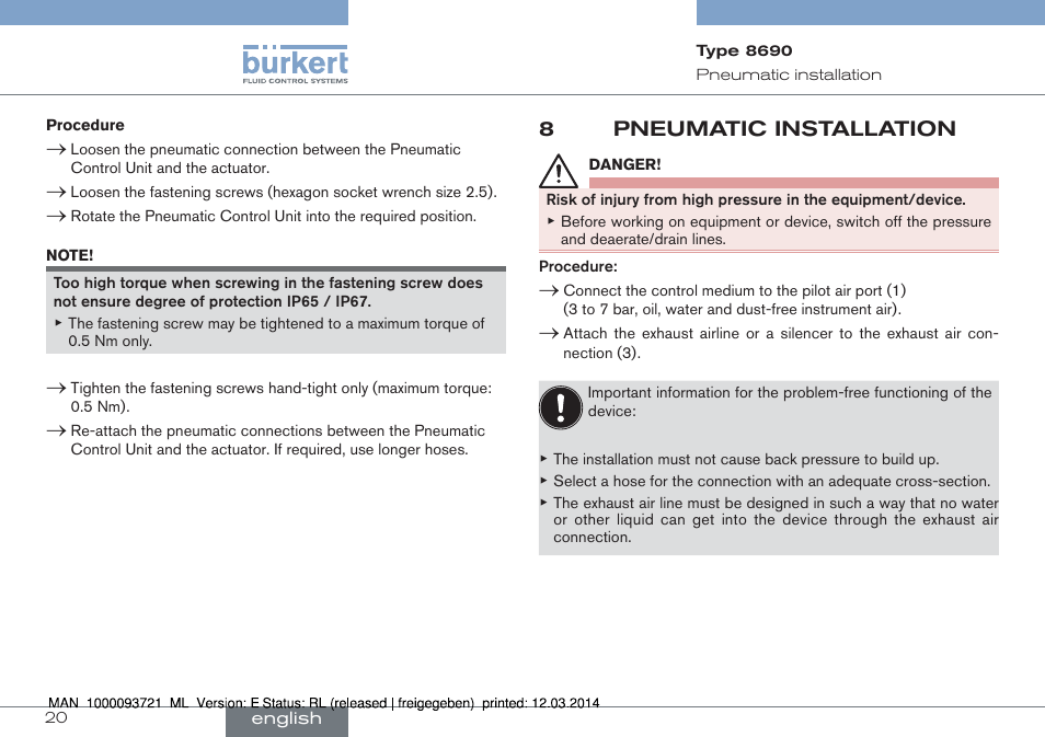 8 pneumatic installation | Burkert Type 8690 User Manual | Page 20 / 88