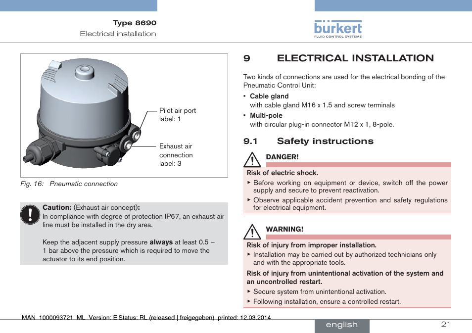 9 electrical installation, 1 safety instructions, 9electrical installation | Burkert Type 8690 User Manual | Page 21 / 88