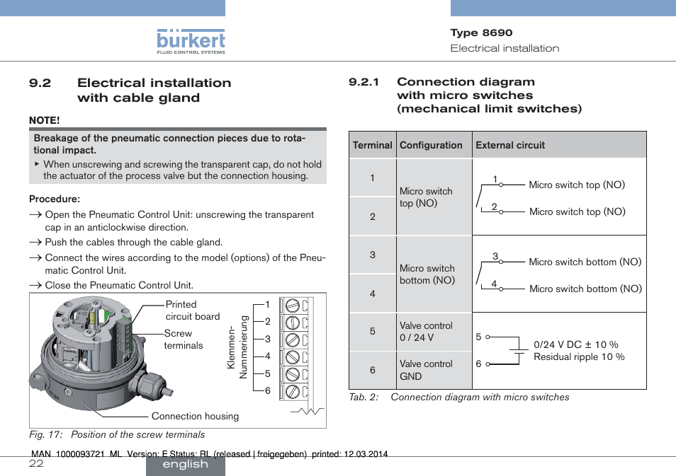 2 electrical installation with cable gland | Burkert Type 8690 User Manual | Page 22 / 88