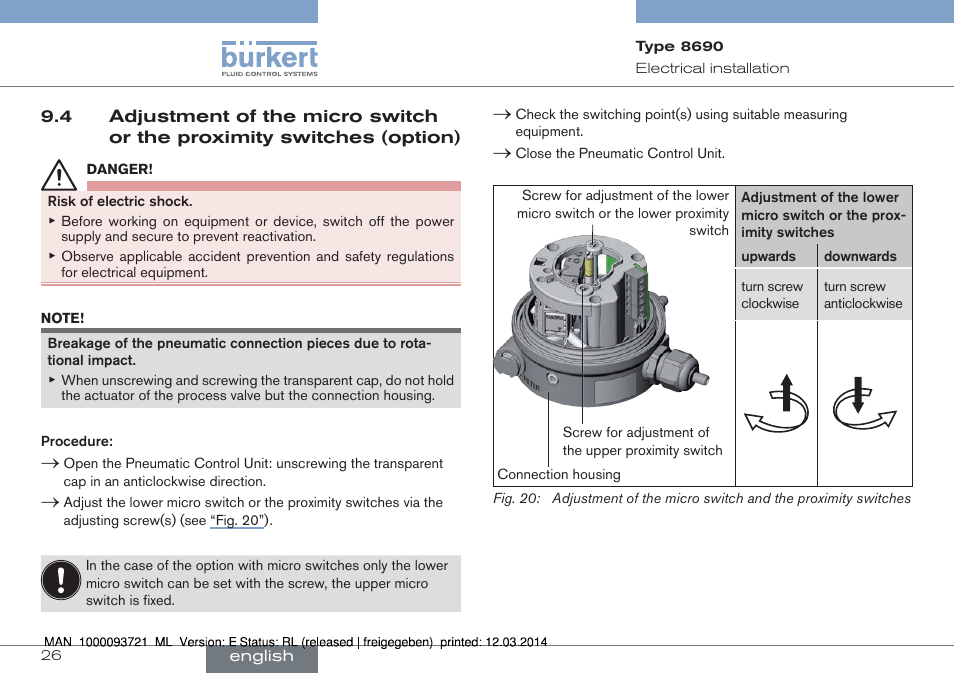 4 adjustment of the micro switch or the proximity, Switches (option) | Burkert Type 8690 User Manual | Page 26 / 88