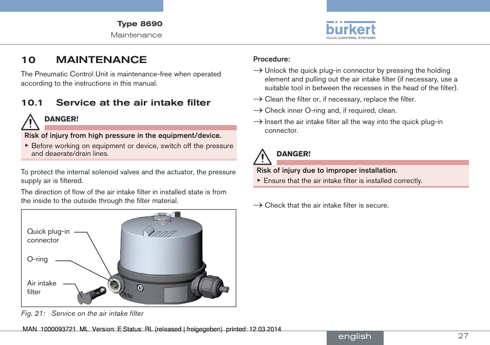 10 maintenance, 1 service at the air intake filter | Burkert Type 8690 User Manual | Page 27 / 88