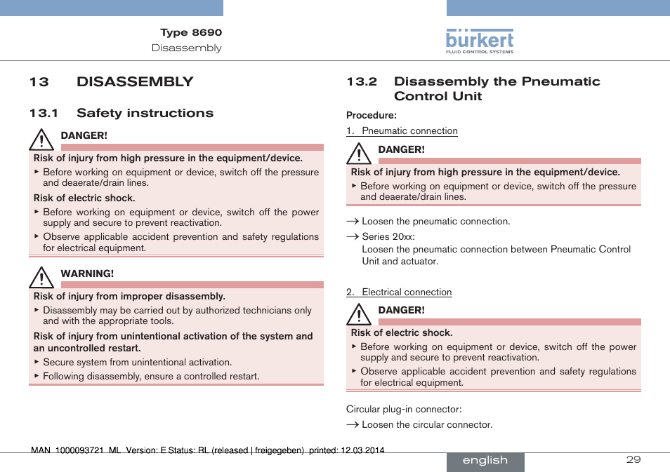 13 disassembly | Burkert Type 8690 User Manual | Page 29 / 88