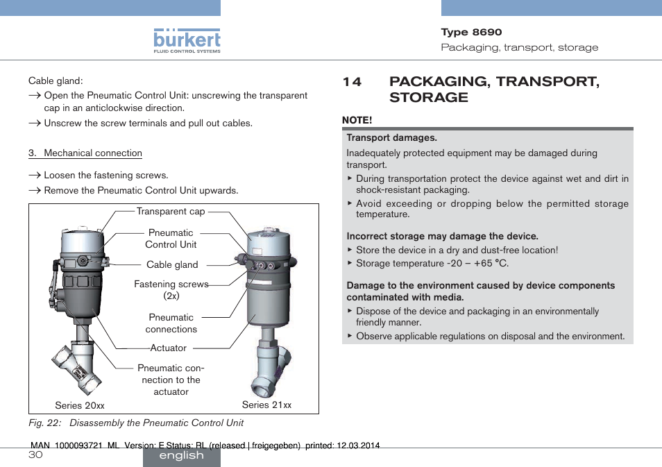 14 packaging, transport, storage | Burkert Type 8690 User Manual | Page 30 / 88