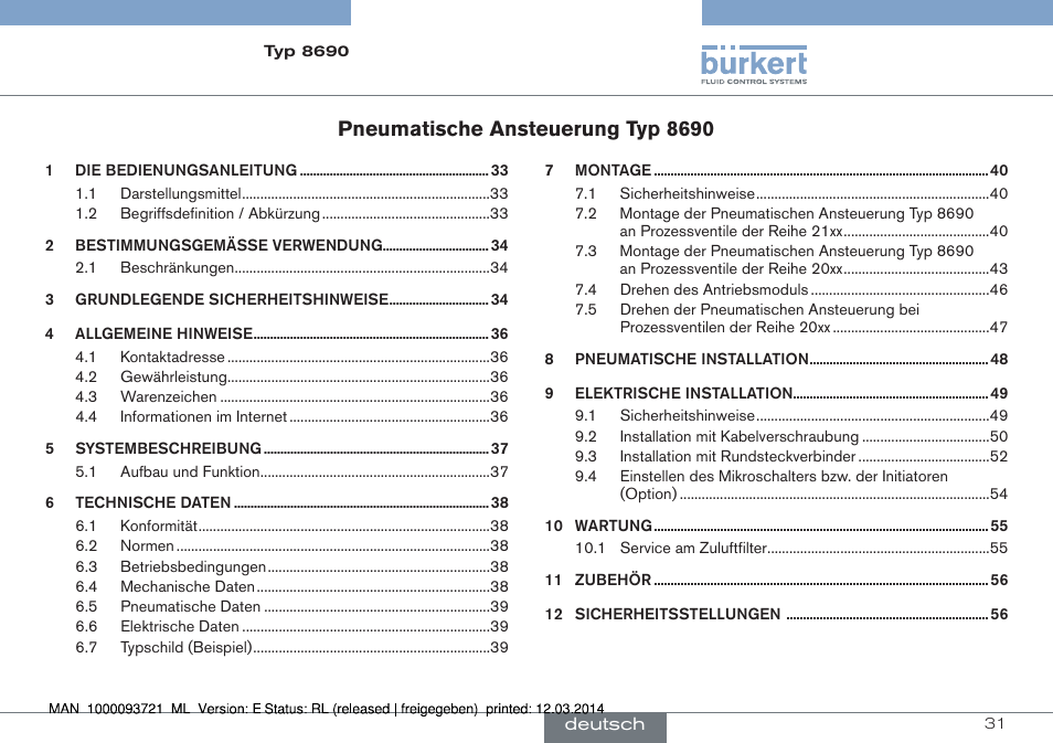 Deutsch, Pneumatische ansteuerung typ 8690 | Burkert Type 8690 User Manual | Page 31 / 88