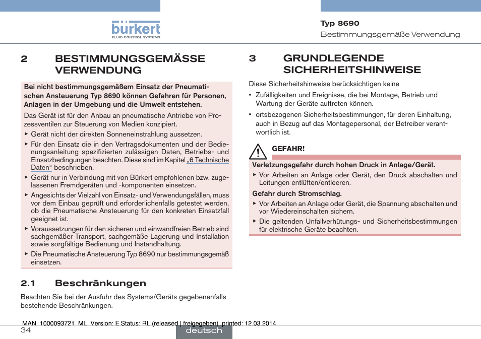 2 bestimmungsgemässe verwendung, 1 beschränkungen, 3 grundlegende sicherheitshinweise | 2bestimmungsgemässe verwendung, 3grundlegende sicherheitshinweise | Burkert Type 8690 User Manual | Page 34 / 88