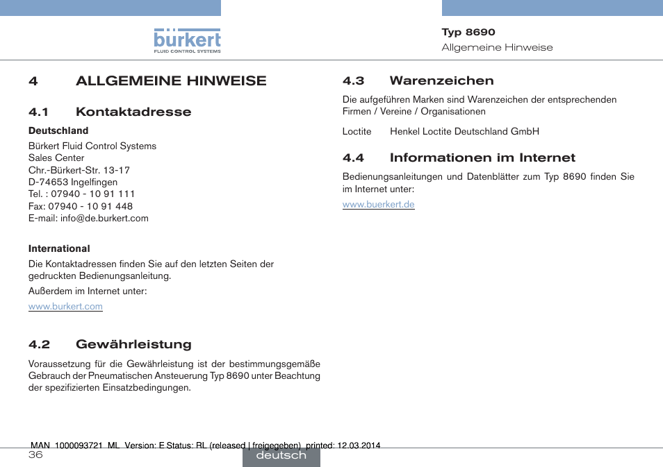 4 allgemeine hinweise, 4allgemeine hinweise | Burkert Type 8690 User Manual | Page 36 / 88