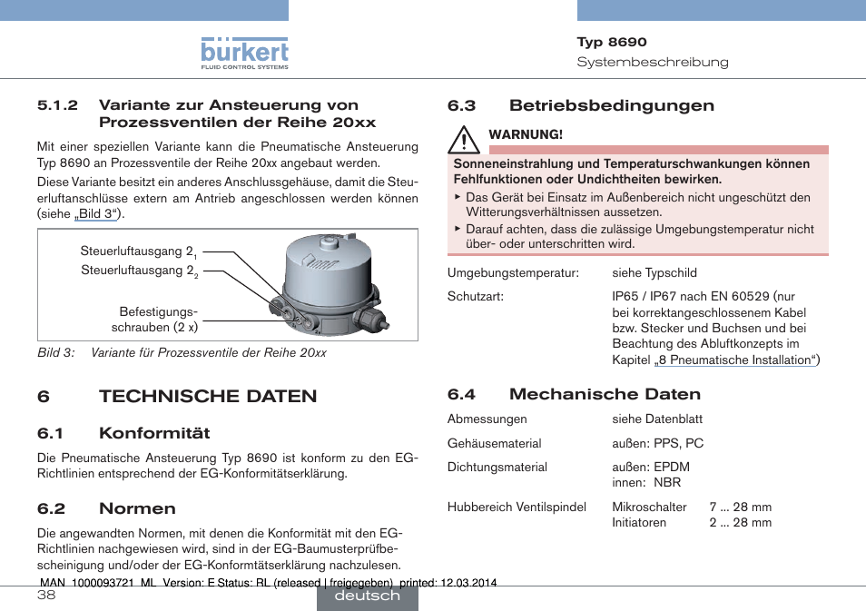 6 technische daten, 6technische daten | Burkert Type 8690 User Manual | Page 38 / 88