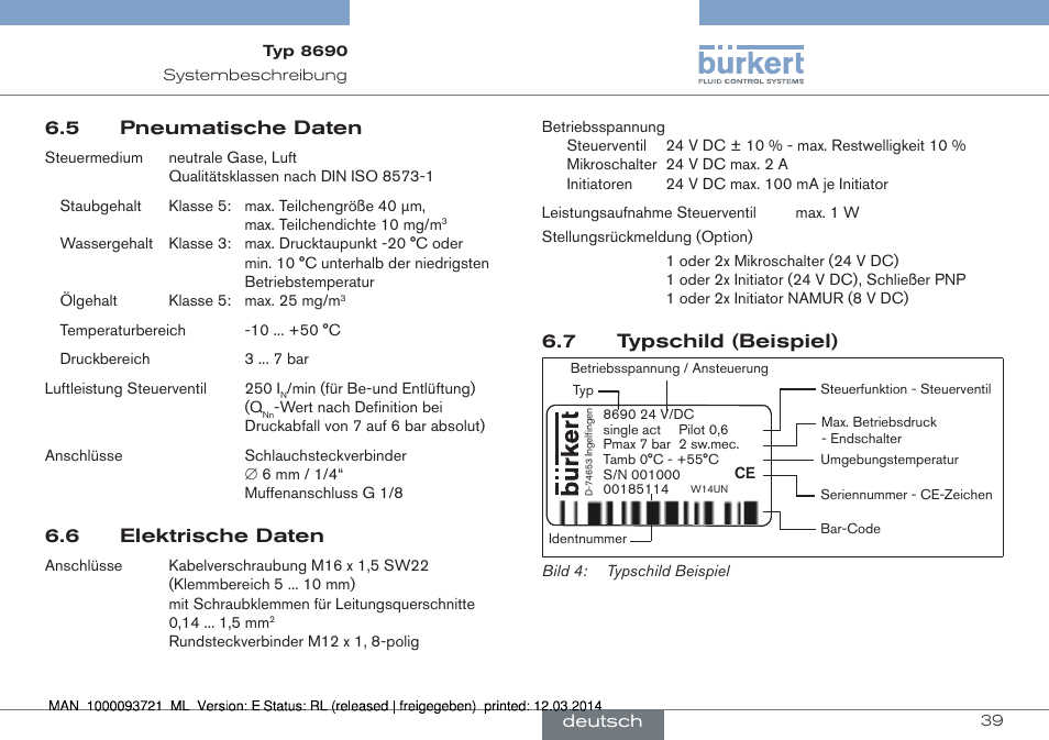 5 pneumatische daten, 6 elektrische daten, 7 typschild (beispiel) | Burkert Type 8690 User Manual | Page 39 / 88