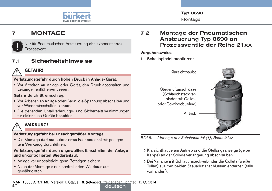 7 montage, An prozessventile der reihe 21xx, 7montage | Burkert Type 8690 User Manual | Page 40 / 88