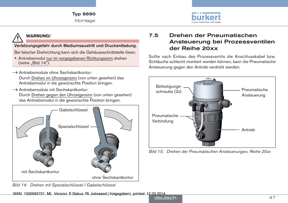 5 drehen der pneumatischen ansteuerung bei, Prozessventilen der reihe 20xx | Burkert Type 8690 User Manual | Page 47 / 88