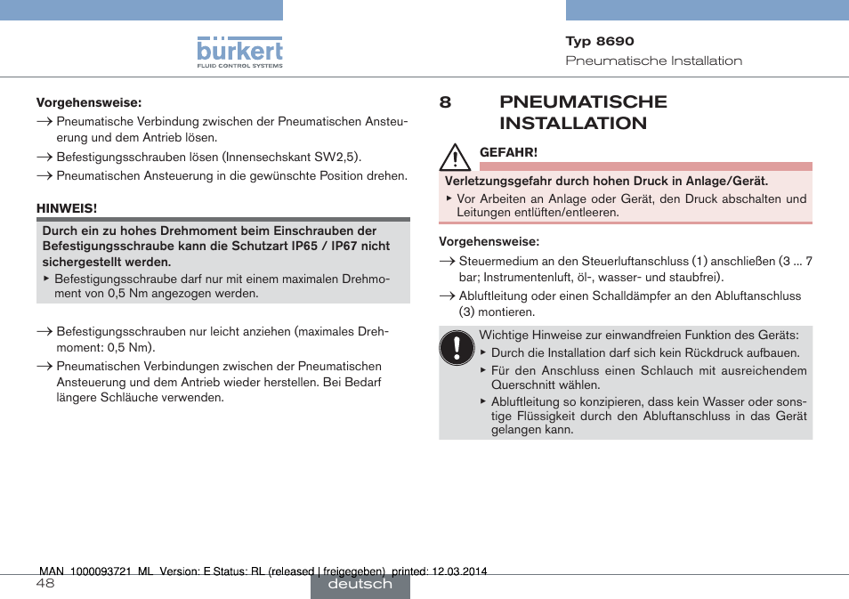 8 pneumatische installation | Burkert Type 8690 User Manual | Page 48 / 88