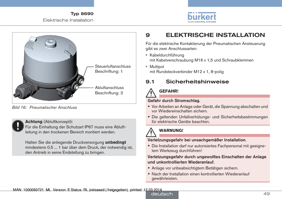 9 elektrische installation, 1 sicherheitshinweise, 9elektrische installation | Burkert Type 8690 User Manual | Page 49 / 88